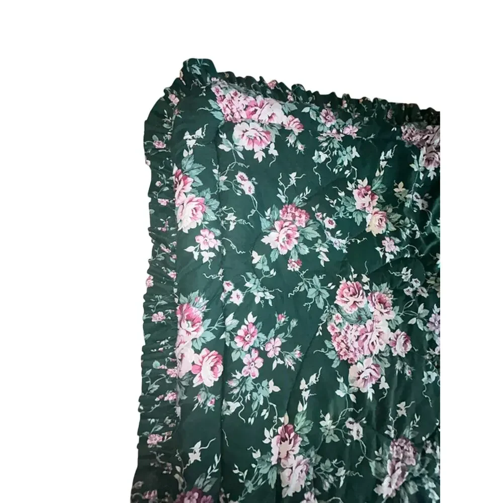Vtg Cannon twin quilted floral comforter cottagecore pink cabbage roses green